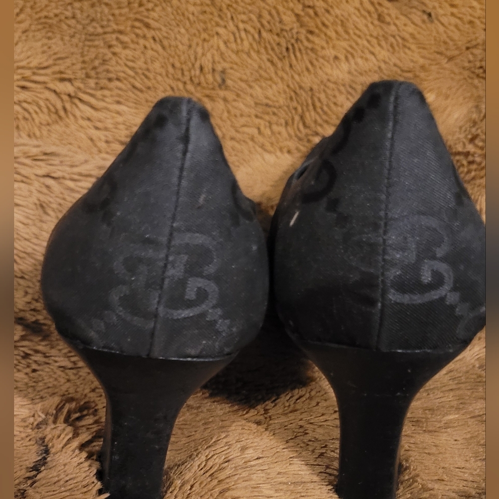 Gucci WOMEN CLOTH LEATHER BLACK CHUNKY Black Heels AUTHENTIC - Picture 5 of 13